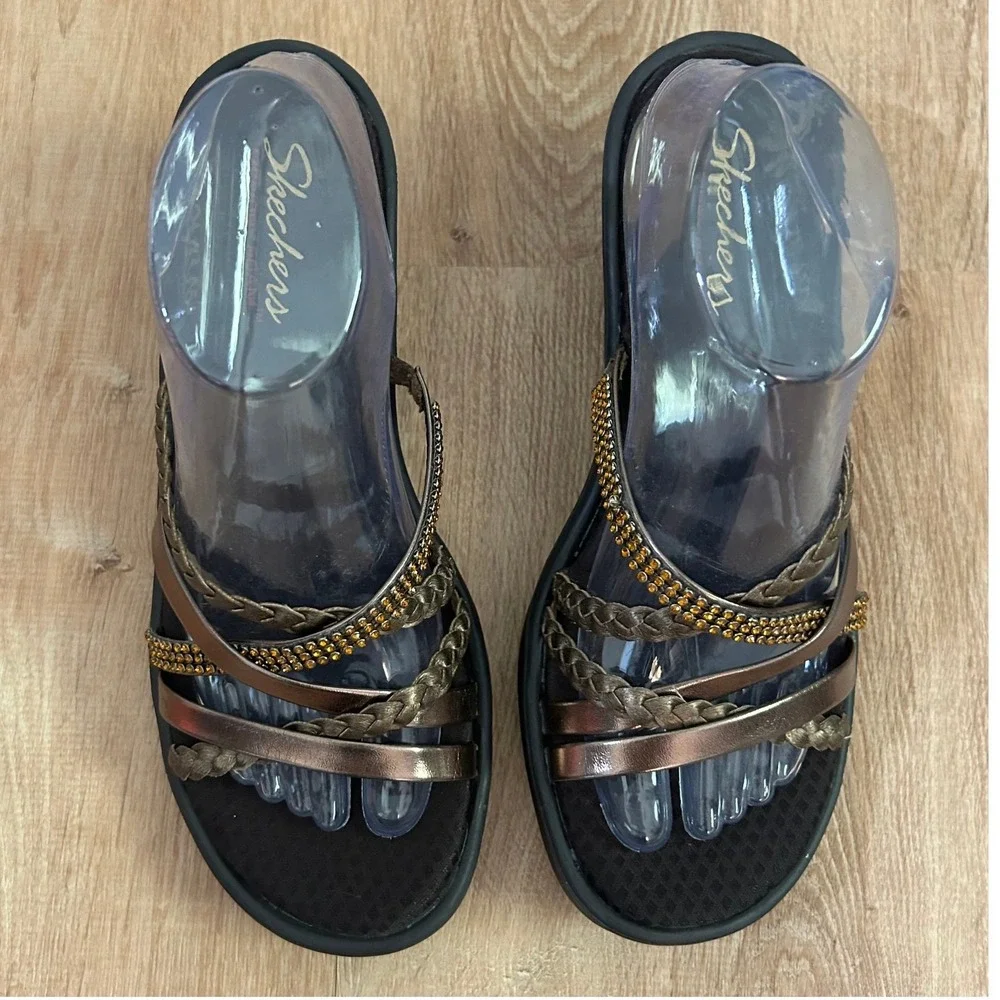Skechers Womens Wedge Sandal Bronze Rhinestone Braided Strappy Sandals 10